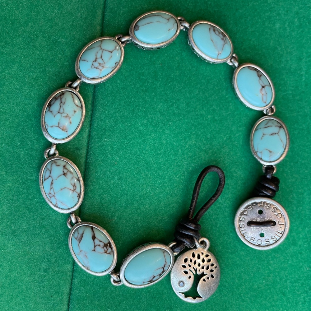 Vintage Fossil silver tree charm bracelet blue faux turquoise
